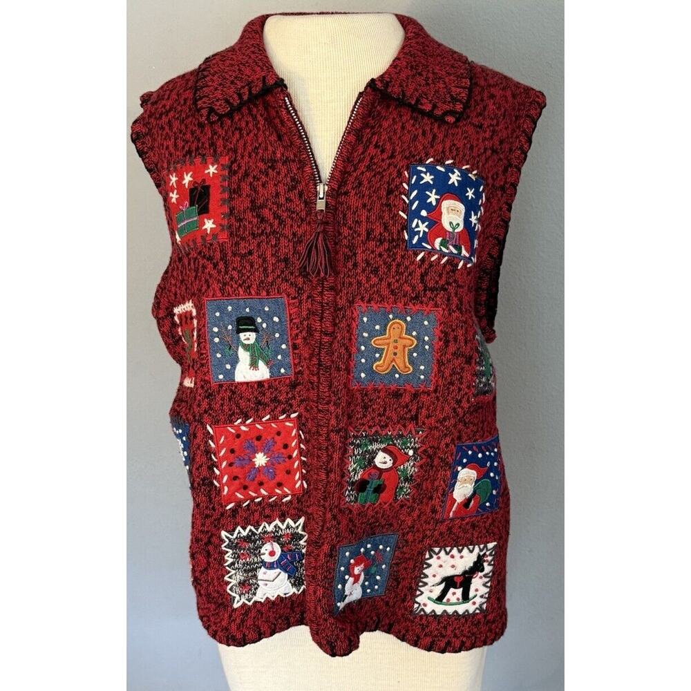 Erika VTG Ugly Christmas Sweater Vest Red Size LG Embellished Zip Embroidered